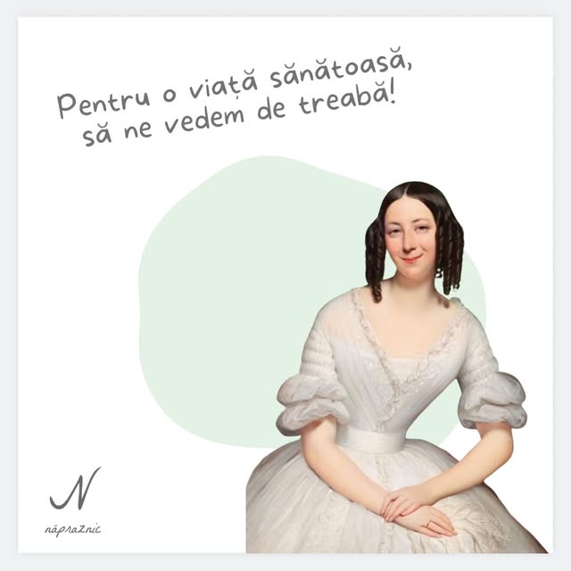 Pentru o viață sănătoasă, să ne vedem de treabă! Memă Năpraznic cu o femeie în rochie albă, pe fundal verde mentă.